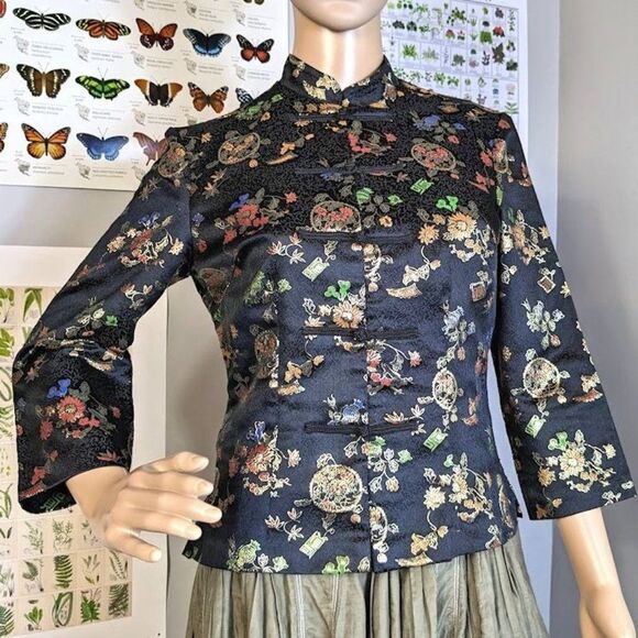 Vintage Frederick's of Hollywood Cheongsam Jacket Floral Brocade Metallic 6 - Picture 3 of 12